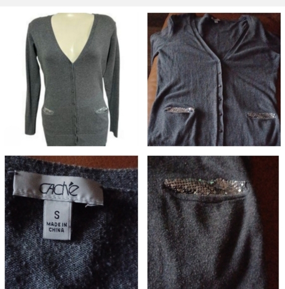 🌺Cache Gray Women's Sweater with Sequin Accents - Picture 1 of 8